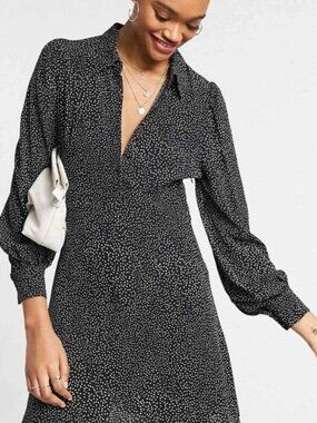 & Other Stories Women US 4 Black Polka Dot Shirt Mini Dress Puff Sleeve Chic